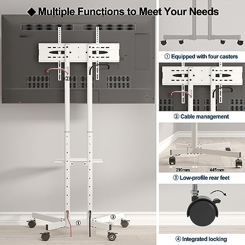 BONTEC Tilt Rolling TV Stand for 32-85Inch LED, LCD, OLED,4k TVs, Mobile Height Adjustable TV Cart with Laptop Shelf and Locking Wheels, Holds Up to 132lbs, Max VESA 600x400mm, White