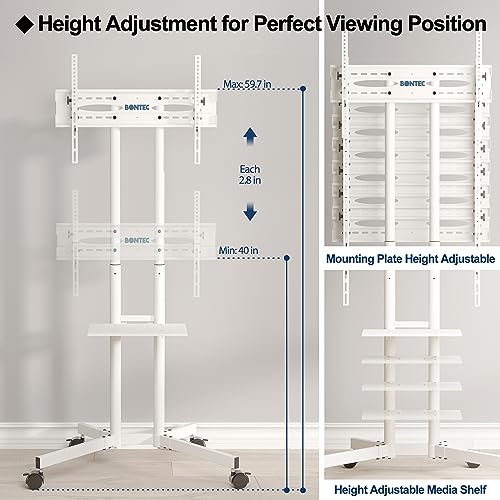BONTEC Tilt Rolling TV Stand for 32-85Inch LED, LCD, OLED,4k TVs, Mobile Height Adjustable TV Cart with Laptop Shelf and Locking Wheels, Holds Up to 132lbs, Max VESA 600x400mm, White