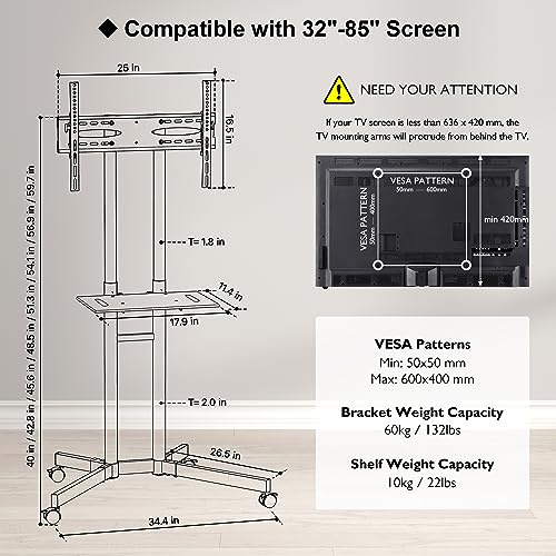 BONTEC Tilt Rolling TV Stand for 32-85Inch LED, LCD, OLED,4k TVs, Mobile Height Adjustable TV Cart with Laptop Shelf and Locking Wheels, Holds Up to 132lbs, Max VESA 600x400mm, White