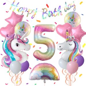 unicorn 5th birthday party decorations for girl purple pink unicorn party theme balloon set, large rainbow unicorn helium balloons with heart and star baby shower kids supplies (number 5 set)