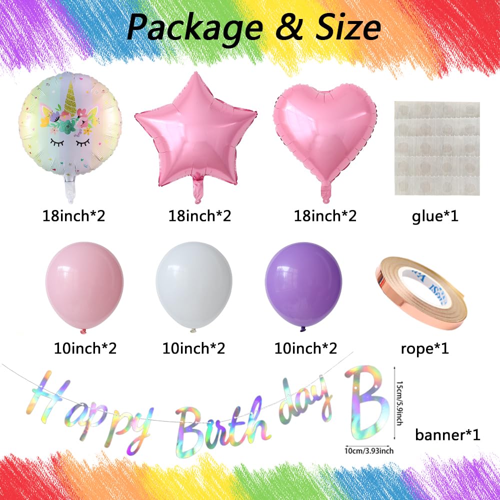 Unicorn 5th Birthday Party Decorations for Girl Purple Pink Unicorn Party Theme Balloon Set, Large Rainbow Unicorn Helium Balloons with Heart and Star Baby Shower Kids Supplies (number 5 set)