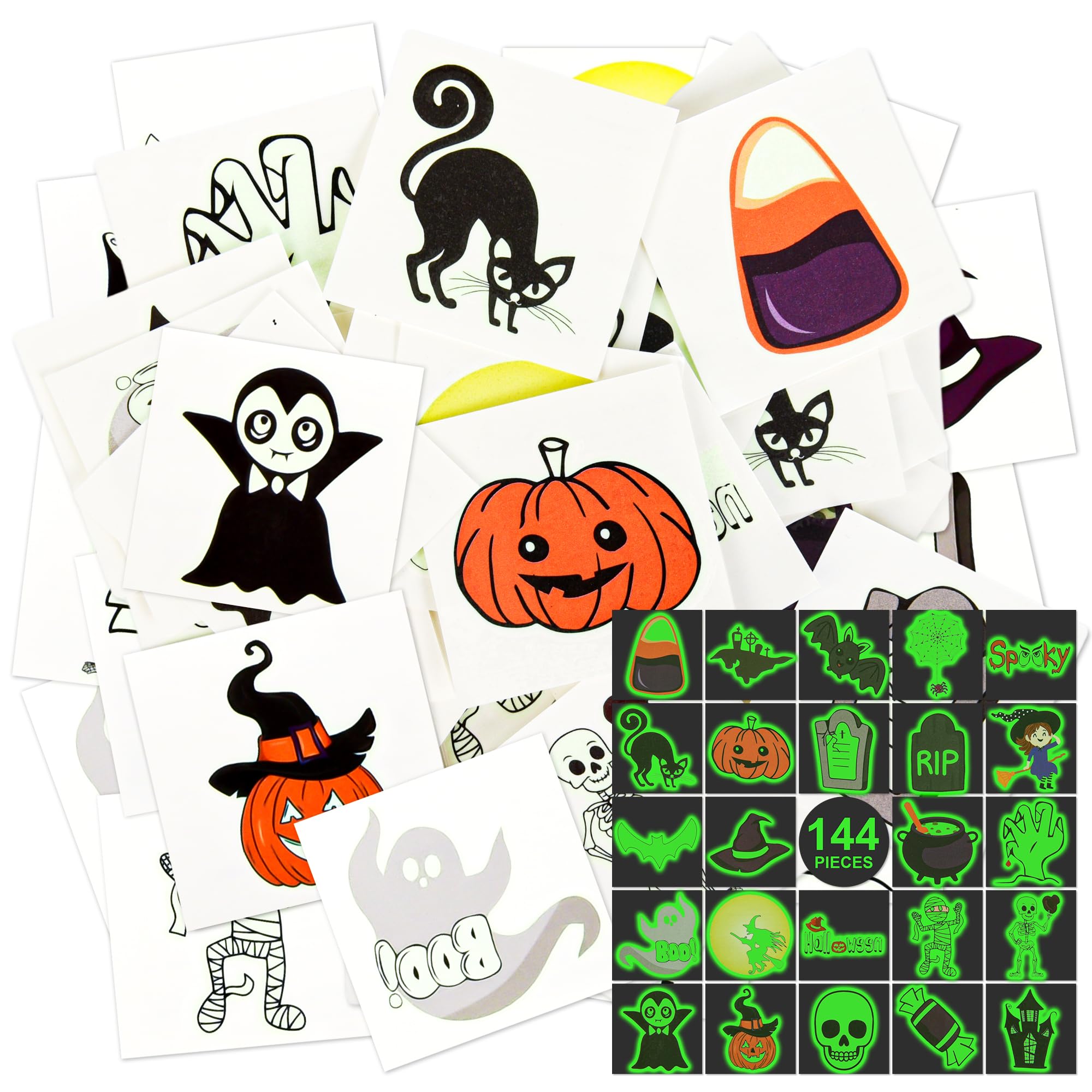 Halloween Temporary Tattoos for Kids- 144 Pieces Glow in Dark Non-Toxic Tattoo Individually Wrapped in 24 Unique Designs- Halloween Party Favors for Kid