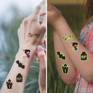 Halloween Temporary Tattoos for Kids- 144 Pieces Glow in Dark Non-Toxic Tattoo Individually Wrapped in 24 Unique Designs- Halloween Party Favors for Kid