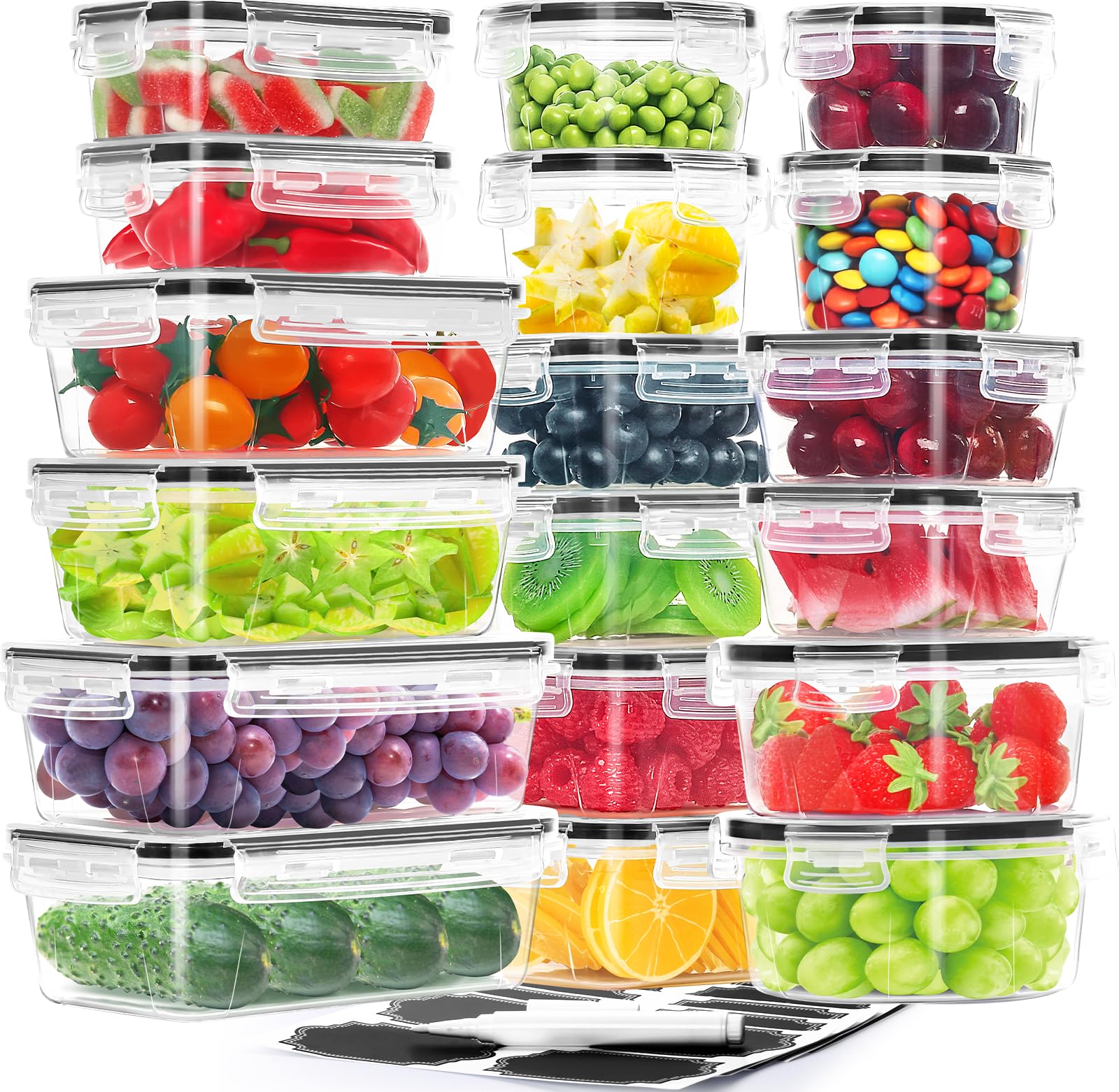 HKJ Chef 36-Pieces Airtight Food Storage Containers Set, 18 Containers & 18 Snap Lids, Plastic Meal Prep Container for Kitchen and Pantry Organization, BPA Free, Includes Labels & Marker