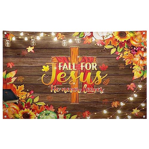 Swepuck 72x43inch Fall for Jesus Backdrop He Never Leaves Photography Background Autumn Thanksgiving Party Decoration Maple Leaves Pumpkin Friendsgiving Photo Banner