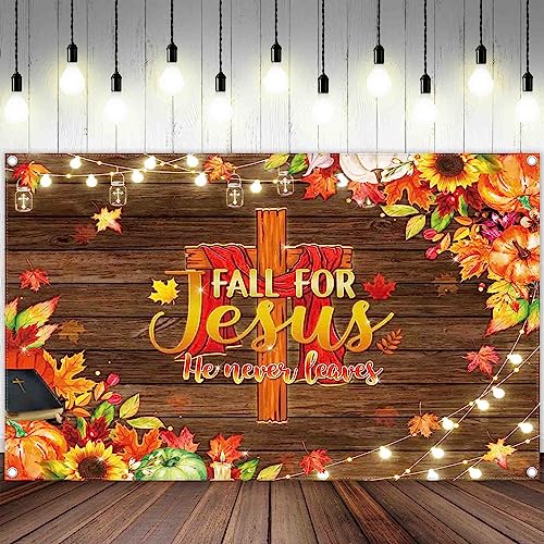 Swepuck 72x43inch Fall for Jesus Backdrop He Never Leaves Photography Background Autumn Thanksgiving Party Decoration Maple Leaves Pumpkin Friendsgiving Photo Banner