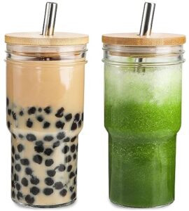 2pack glass tumbler cups with bamboo lids and straws, 22oz iced coffee cup reusable mason jar drinking glasses for boba tea, smoothie, juice, beer, fits car cup holder