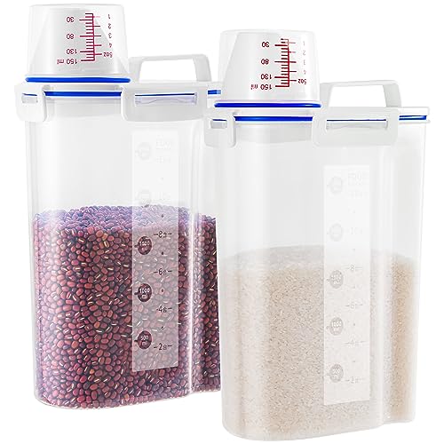 2 Pcs Set Rice Dispenser Storage Containers, 10 Lbs Small Rice Bucket with Measuring Cup & Pour Spout, Kitchen Plastic Airtight Container for Cereal, Grain, Flour, Sugar, Oatmeal, Dry Pet Dog Food