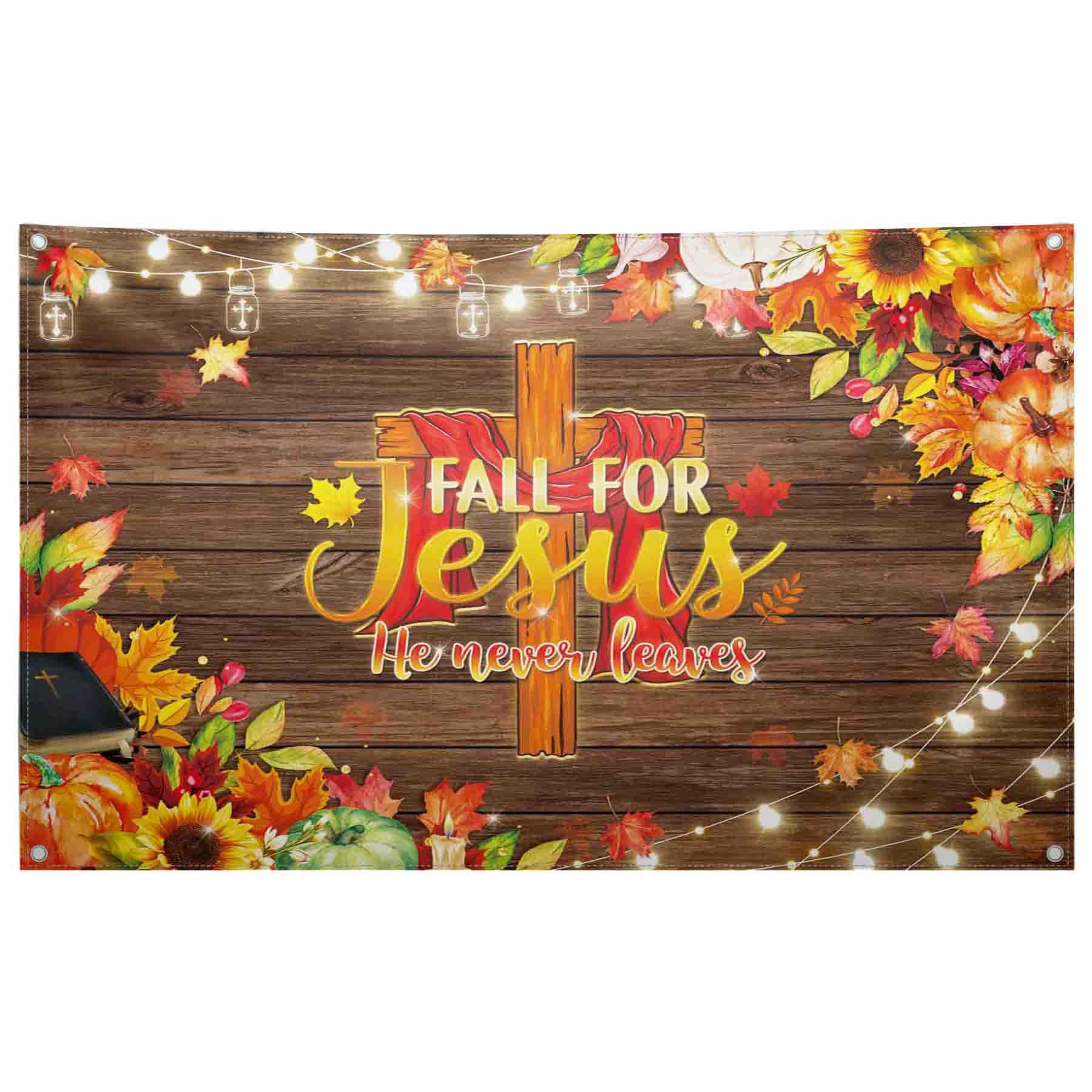 Swepuck 96x60inch Fall for Jesus Backdrop He Never Leaves Photography Background Autumn Thanksgiving Party Decoration Maple Leaves Pumpkin Friendsgiving Photo Banner