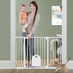 Baby Gate for Stairs with Cat Door - Baby gate with Pet Door Auto Close 29.5"-48.5" Safety Metal Dog Gate for Door Way/Stairs/House/Walk Through with Includes 2 Extension Pieces and 4 Wall Cups