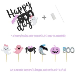 Pink Purple Halloween Birthday Party Pack Happy Boo Day Banner Cake Topper Halloween Ghost Bat Balloons for Girls' Pink and Purle Halloween Birthday Decorations