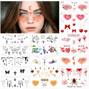 sixberry halloween face temporary tattoos for girls, 18 sheets gothic butterfly cross bleeding hearts realistic scar 3d spider tattoo stickers for kids women cosplay makeup party decoration supplies
