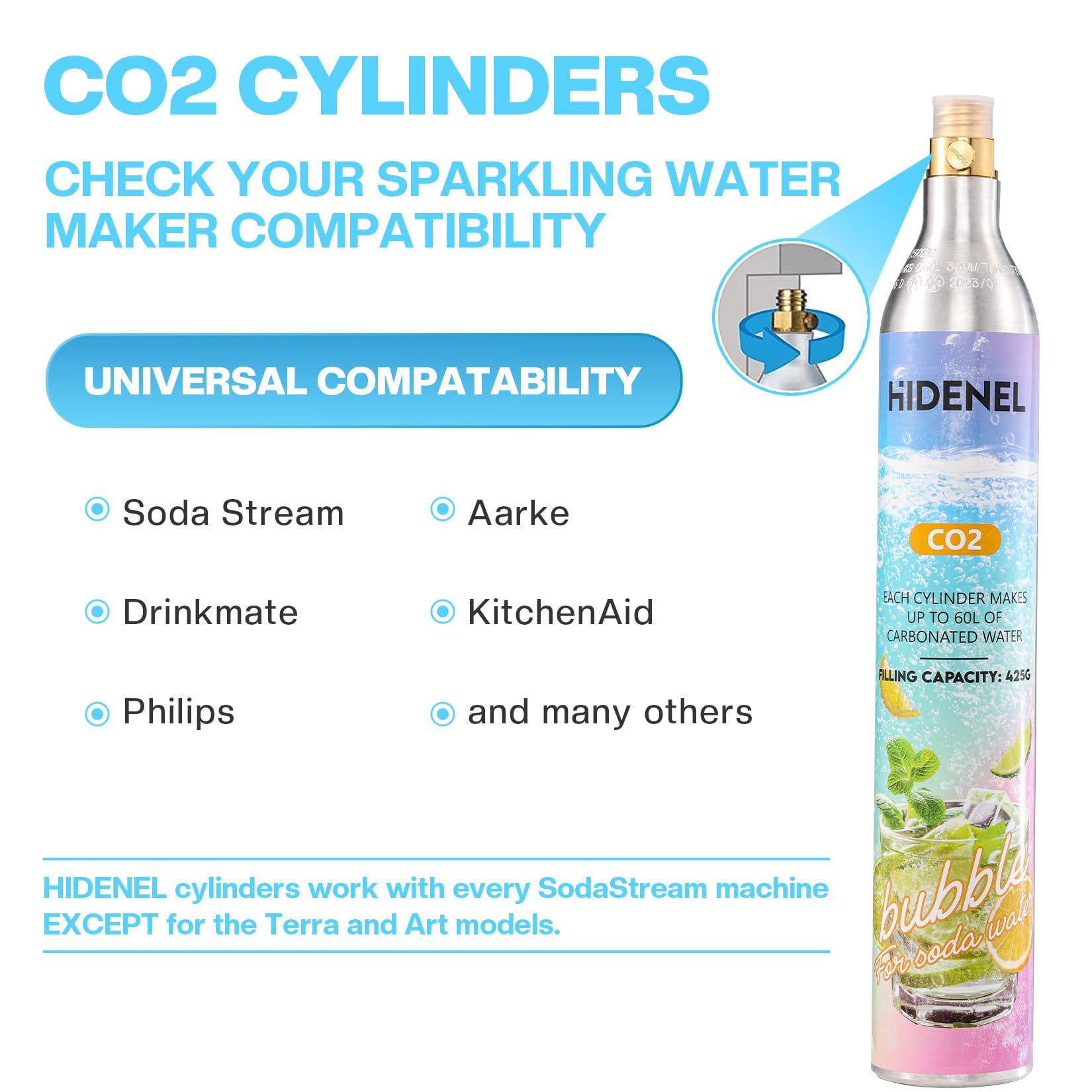 CO2 Cylinder for Soda Maker - 60 L CO2 Exchange Carbonator & Sparkling Water - Carbonates Any Drink - Threaded Cylinders (1PCS)