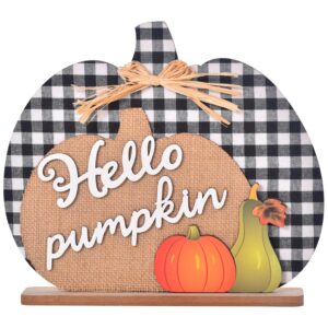 idatoo fall decoration signs, hello pumpkin fall décor for fireplace and tabletop centerpiece - cozy wooden rustic buffalo plaid design for halloween, thanksgiving, and autumn holiday indoor
