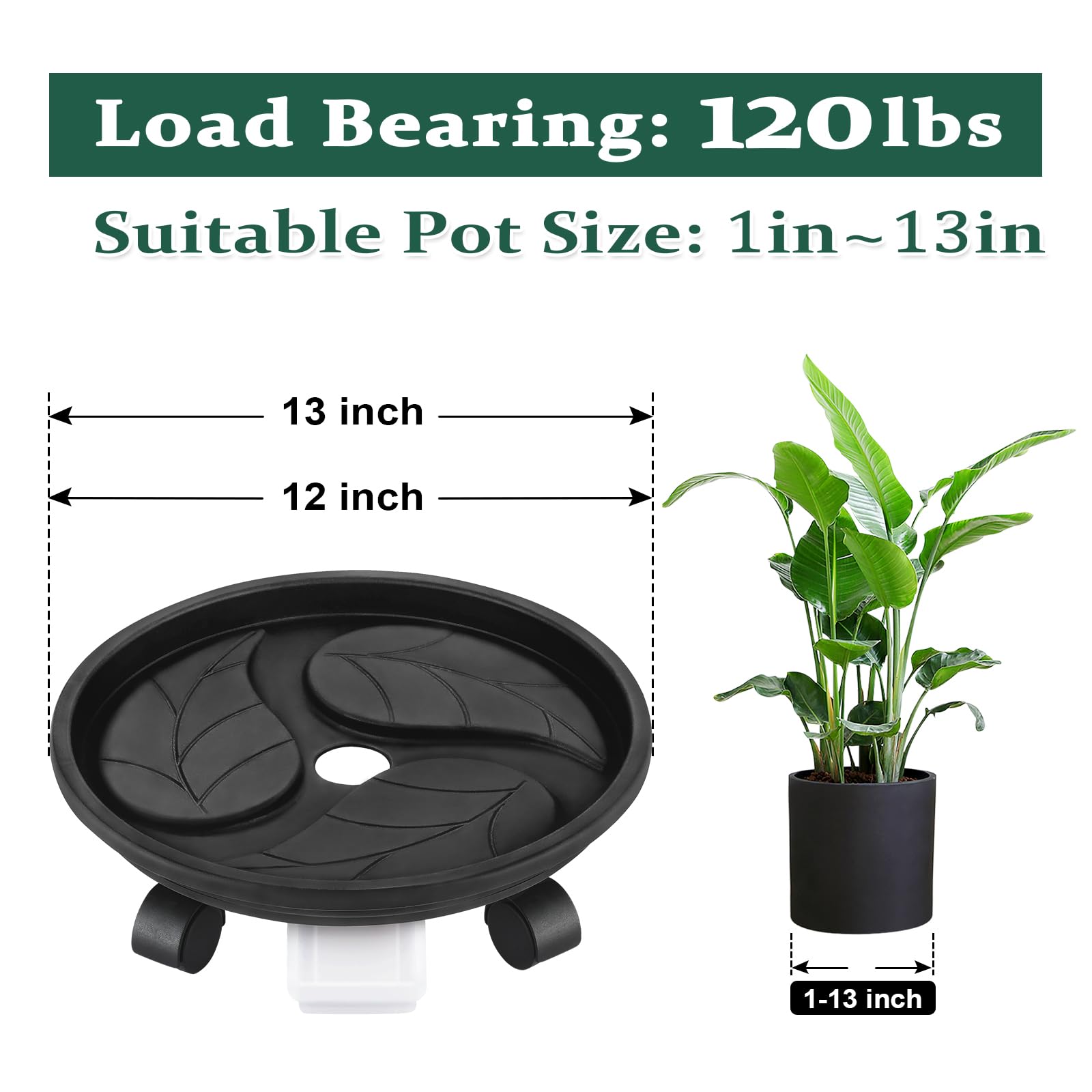 Looca Plant Caddy with Wheels and Drainage Tray, 13”Rolling Plant Stand Flower Pot Mover, Planter Caddies Round Plant Dolly for Heavy Duty Planter, 3 Pack, Bearing 120 lbs (Black)