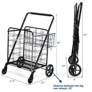 IRONMAX Jumbo Shopping Cart, Foldable Heavy Duty Grocery Cart w/ 360° Rolling Swivel Wheels & Double Basket, 330 LBS Weight Capacity, Folding Utility Cart for Grocery Laundry Luggage (Black)