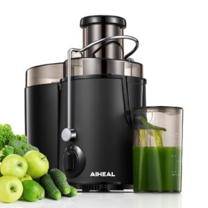 juicer machines, aiheal juicer vegetable and fruit easy to clean, centrifugal juicer with 3” wide mouth, 3 speed control, overload protection system, cleaning brush and recipe included, black