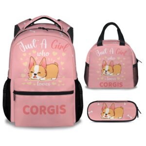 knowphst corgi backpack with lunch box set for girls boys, 3 in 1 primary middle school backpacks matching combo, large capacity, durable, lightweight, pink bookbag and pencil case bundle