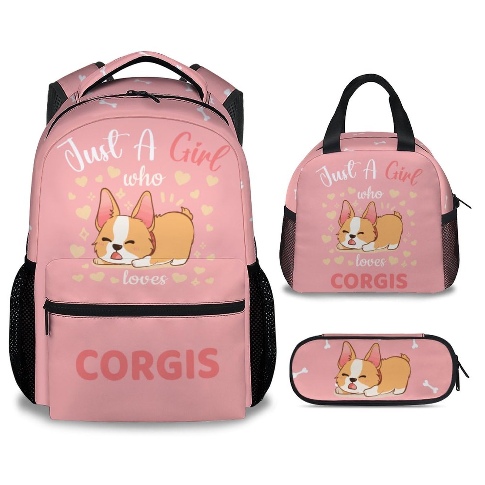 KNOWPHST Corgi Backpack with Lunch Box Set for Girls Boys, 3 in 1 Primary Middle School Backpacks Matching Combo, Large Capacity, Durable, Lightweight, Pink Bookbag and Pencil Case Bundle