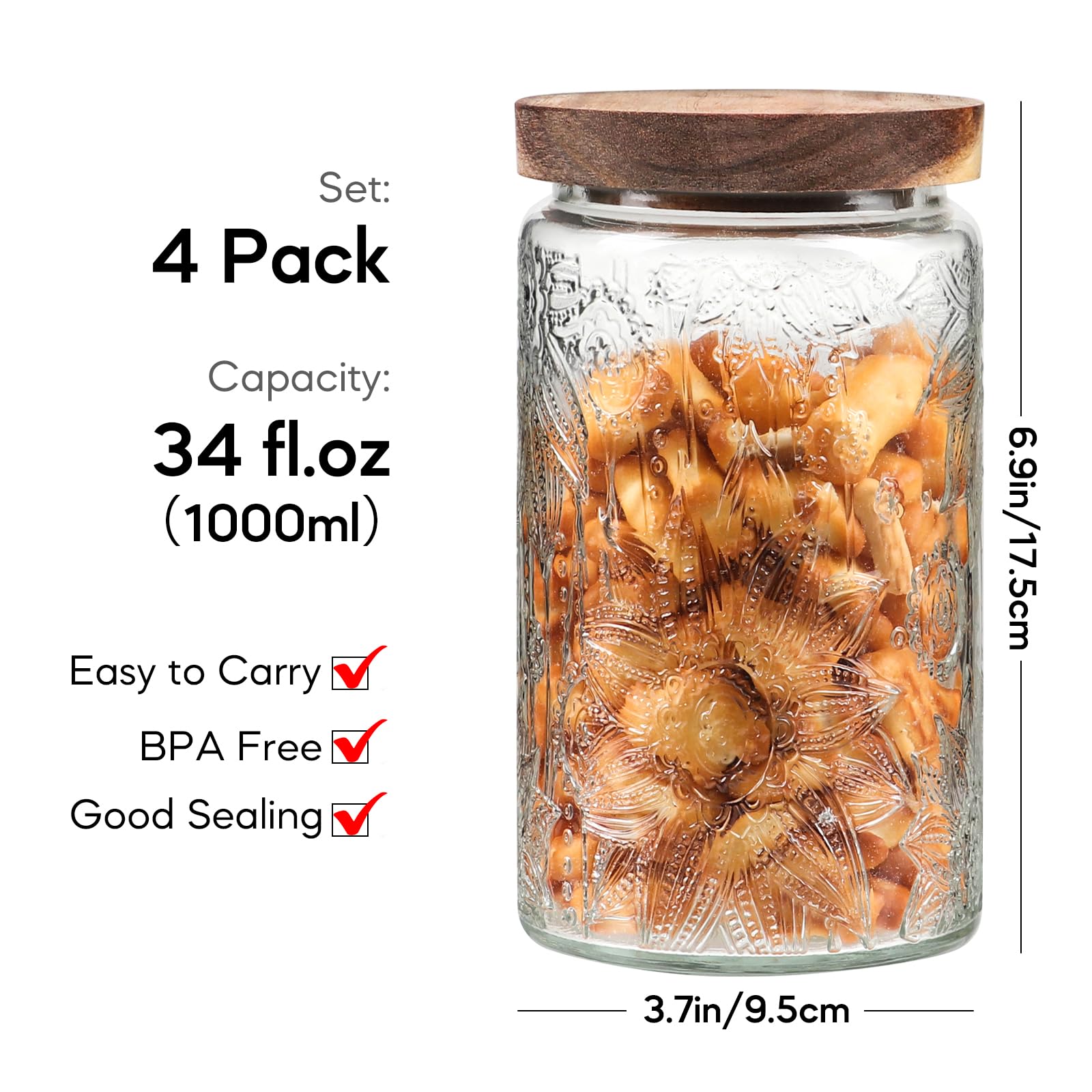 EkkoVla 4 Pack 34 FL OZ Vintage Glass Storage Jar with Airtight Wooden Lid, Glass Canister Airtight Cookie Jar Container for Kitchen Counter, Pantry, Coffee Bean, Sugar, Flour, Oats