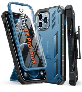 fntcase for iphone 12 pro max case: with belt-clip holster & built-in screen protector & kickstand, full-body dual layer rugged military grade shockproof protective cell phone cover 6.7 inch-blue