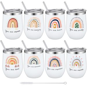 mifoci 8 pcs inspirational gifts for women bulk 12 oz boho rainbow wine tumbler cups vacuum insulated stainless steel coffee mugs with lids straws brushes thank you gifts for coworkers teacher friend