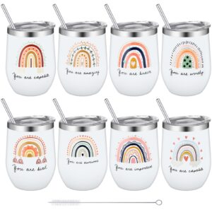 Mifoci 8 Pcs Inspirational Gifts for Women Bulk 12 oz Boho Rainbow Wine Tumbler Cups Vacuum Insulated Stainless Steel Coffee Mugs with Lids Straws Brushes Thank You Gifts for Coworkers Teacher Friend