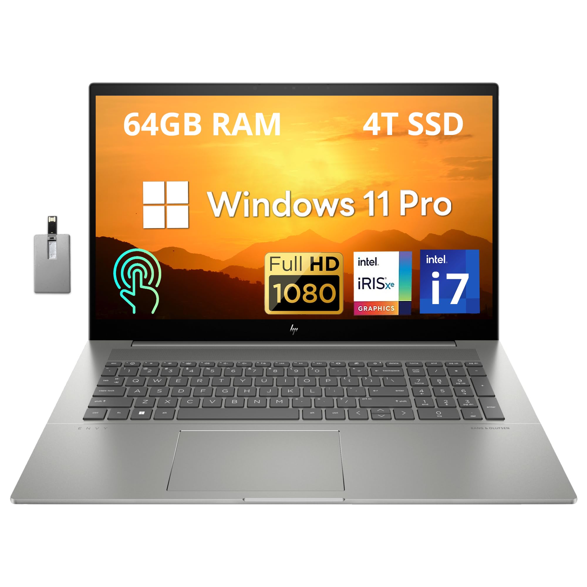 HP Envy 17.3'' FHD Touchscreen Business Laptop, Intel Core i7-13700H, 64GB RAM, 4TB PCIe SSD, Intel Iris Xe Graphics, Backlit Keyboard, 5MP IR Webcam, Silver, Win 11 Pro, 32GB Hotface USB Card