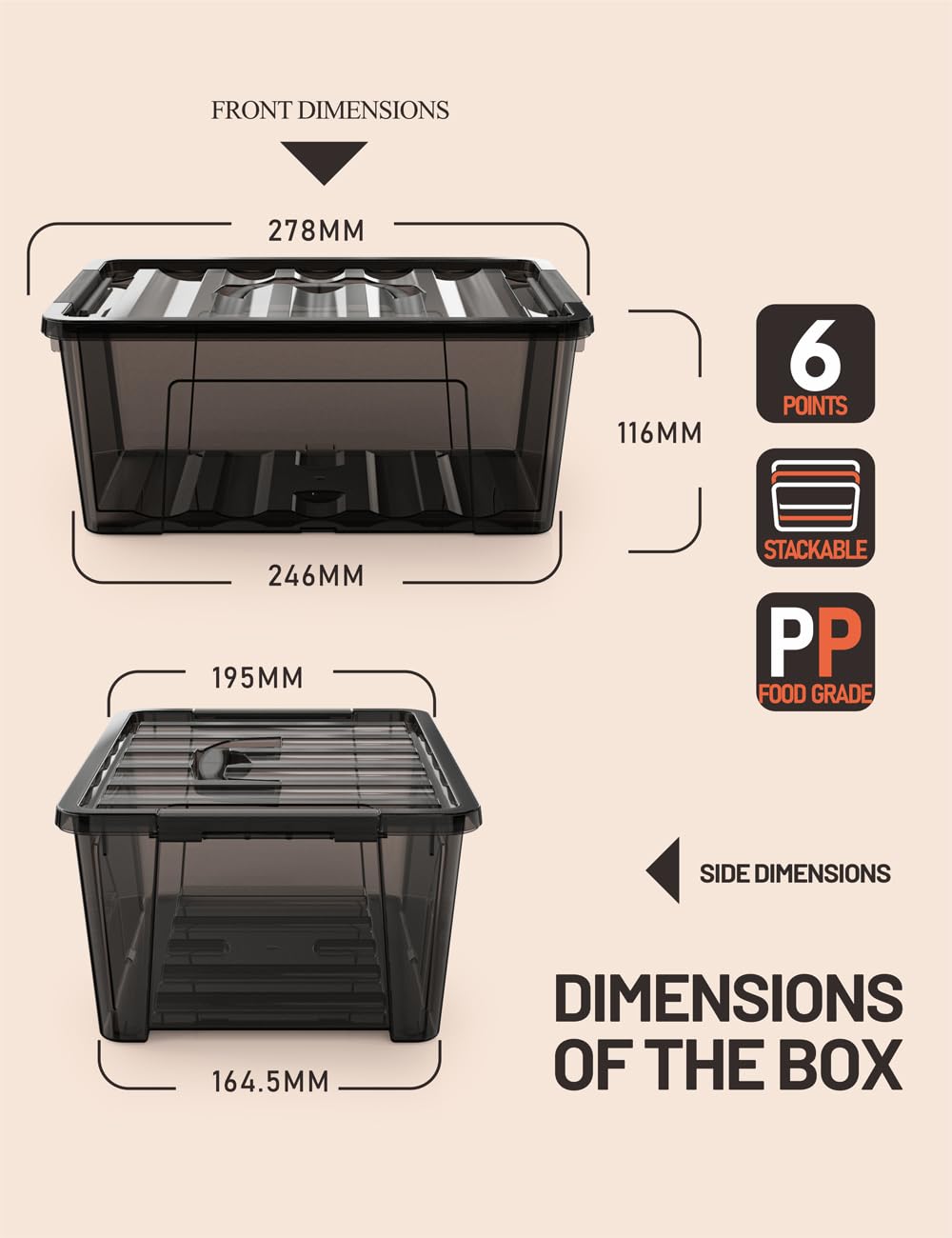 WYT 5-Quart Small Plastic Storage Container Bin with Secure Lids and Latch Buckles, Black Clear Durable Stackable Nestable Organizin, 6-Pack