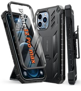 fntcase for iphone 12-pro-max phone case: with built-in screen protector & kickstand & belt-clip holster, full-body dual layer rugged military shockproof protective cover-black