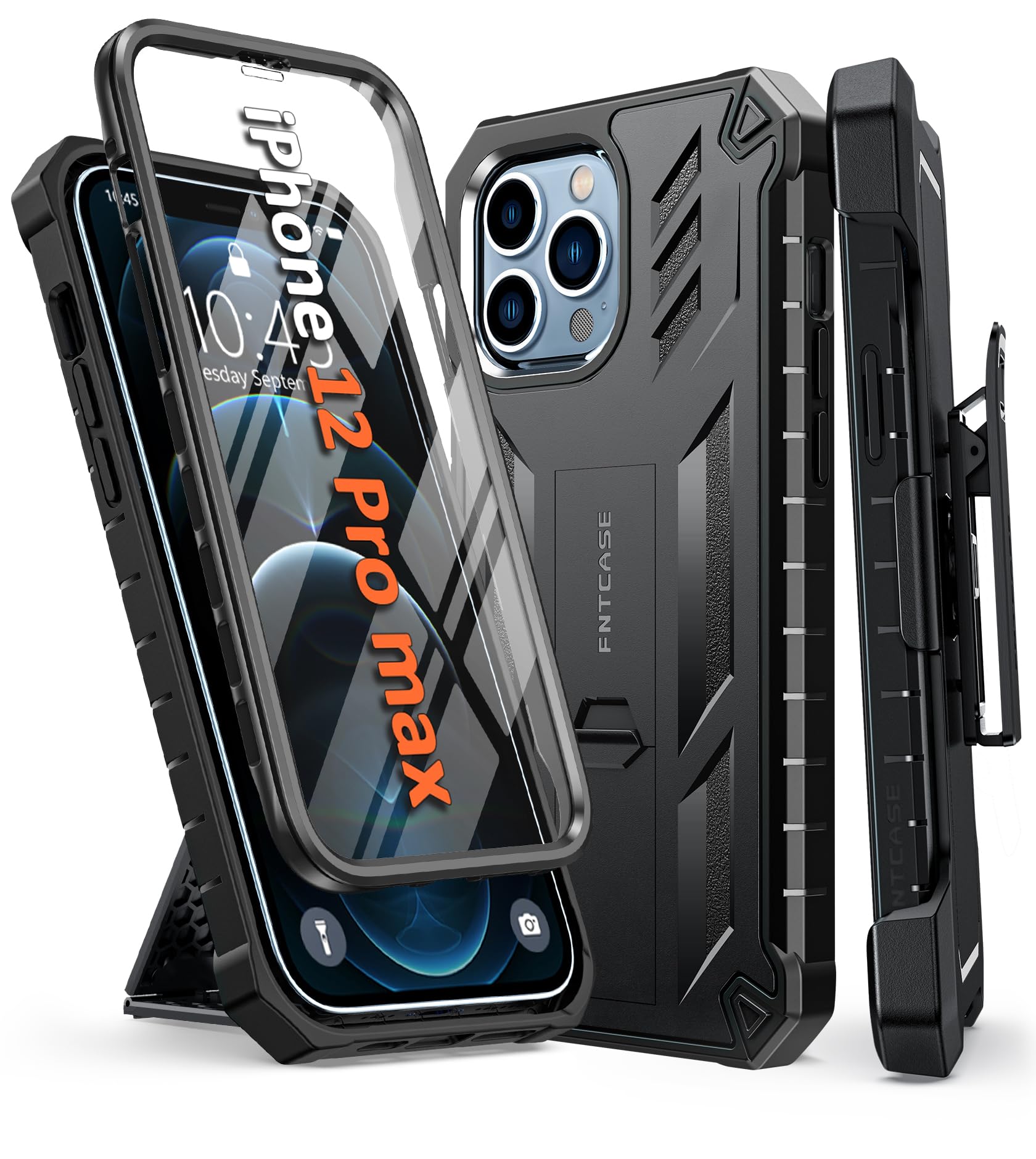 FNTCASE for iPhone 12-Pro-Max Phone Case: with Built-in Screen Protector & Kickstand & Belt-Clip Holster, Full-Body Dual Layer Rugged Military Shockproof Protective Cover-Black