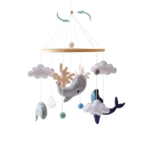 montessori baby mobile for crib | ocean animals crib mobile | woodland nursery decor soothe toys for ceiling hanging | felt ball sea blue whale, white clouds | baby shower for boys girls gifts
