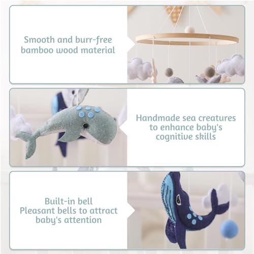 Montessori Baby Mobile for Crib | Ocean Animals Crib Mobile | Woodland Nursery Decor Soothe Toys for Ceiling Hanging | Felt Ball Sea Blue Whale, White Clouds | Baby Shower for Boys Girls Gifts