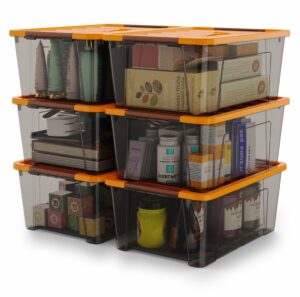 wyt 5-quart small storage container bin with orange secure lid and black clear latch buckles, durable plastic stackable nestable organizin, 6-pack