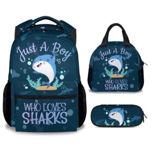 knowphst shark backpack with lunch box set for boys girls, 3 in 1 primary middle school backpacks matching combo, large capacity, durable, lightweight, blue bookbag and pencil case bundle