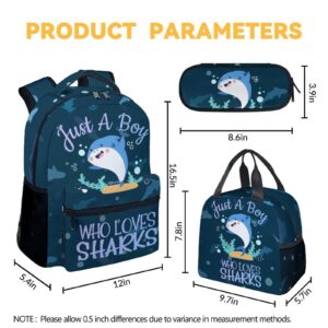 KNOWPHST Shark Backpack with Lunch Box Set for Boys Girls, 3 in 1 Primary Middle School Backpacks Matching Combo, Large Capacity, Durable, Lightweight, Blue Bookbag and Pencil Case Bundle
