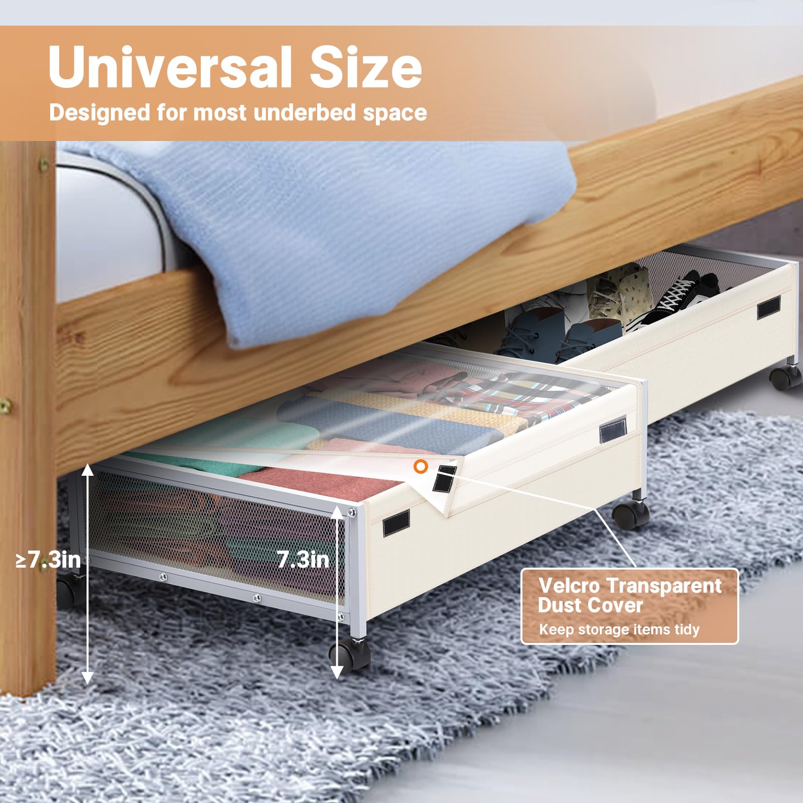 Fulpower Under Bed Storage, 2 Pack Under Bed Storage with Wheels, Large Under Bed Rolling Storage with Lid, Bedroom Storage Organizer for Clothes, Shoes,Toys, Books, Bedding, Blankets WHITE