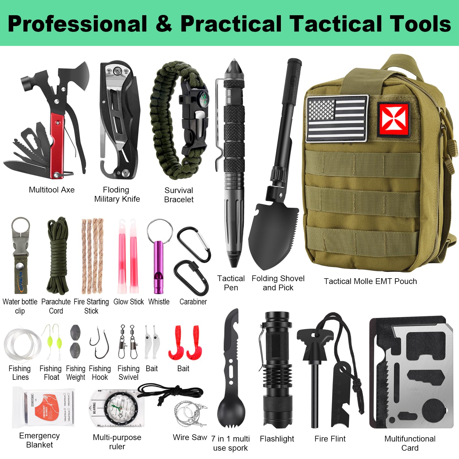 Survival Kit 256 in 1, First Aid Kit Survival Gear Tools Trauma Kit with Molle Pouch for Outdoor, Camping, Hunting, Hiking, Earthquake, Home, Office, Gifts for Men Dad Husband Women (Green)