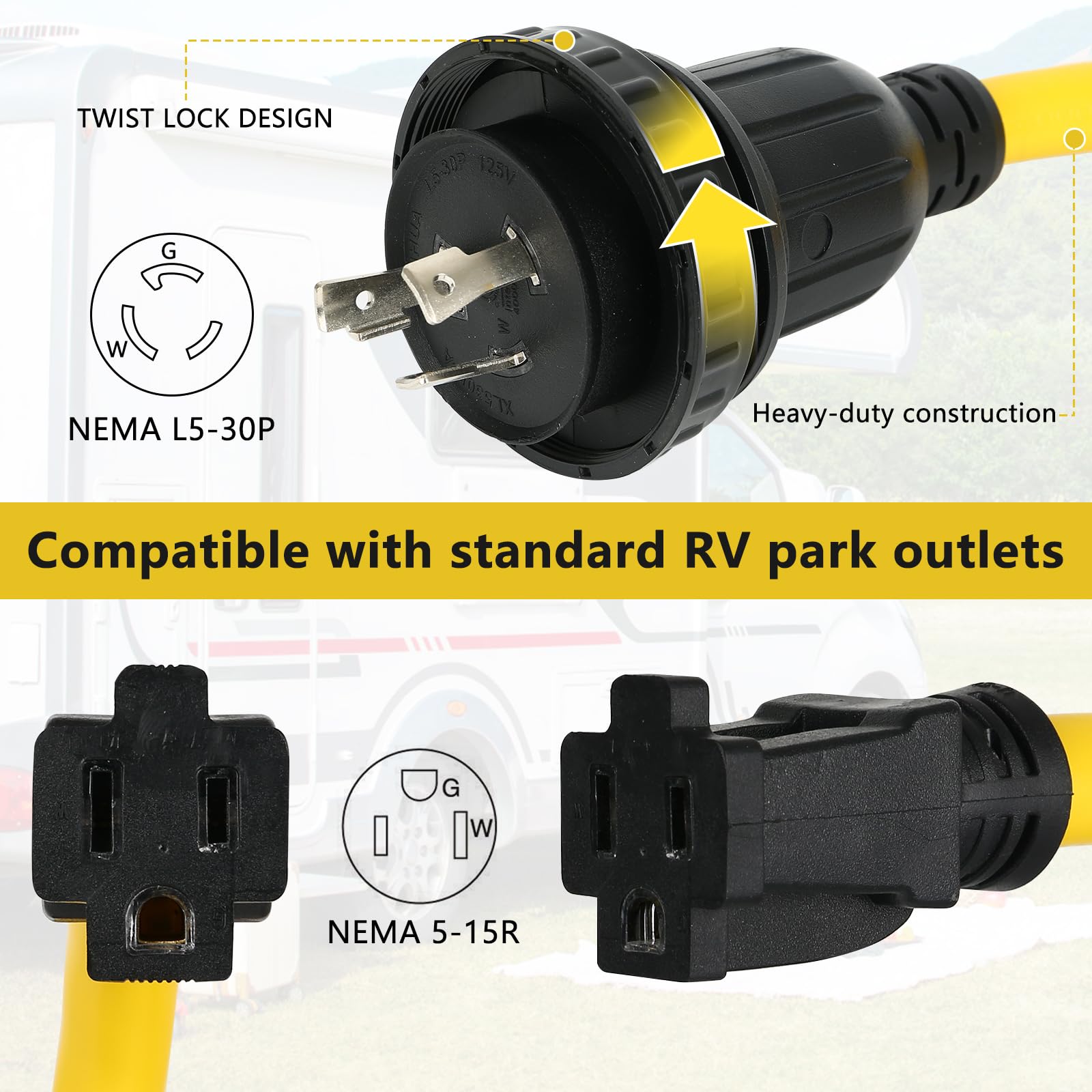 ZDHQLHJ NEMA L5-30P to 5-15R RV Pigtail Shore Power, 30A Male Twist Lock L5-30 Plug to 15A 5-15 Female Receptacle Generator Power Extension Cord, Heavy Duty 3 Prong Power Cord Adapter Pigtail Cable