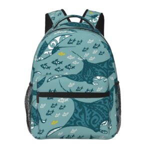 bafafa manta ray and fish printed canvas bag laptop backpack travel bag casual daypack hiking rucksack