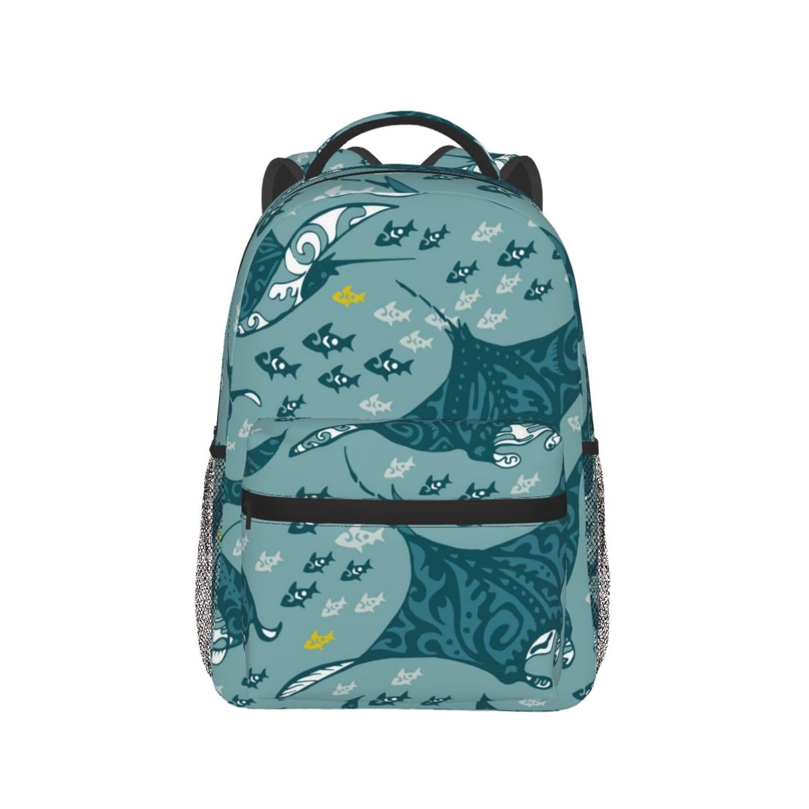 BAFAFA Manta Ray and Fish Printed Canvas Bag Laptop Backpack Travel Bag Casual Daypack Hiking Rucksack