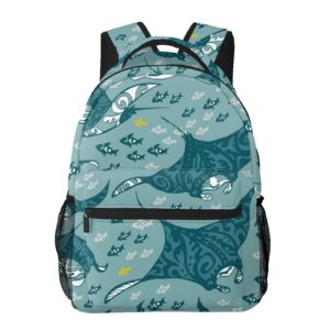 BAFAFA Manta Ray and Fish Printed Canvas Bag Laptop Backpack Travel Bag Casual Daypack Hiking Rucksack