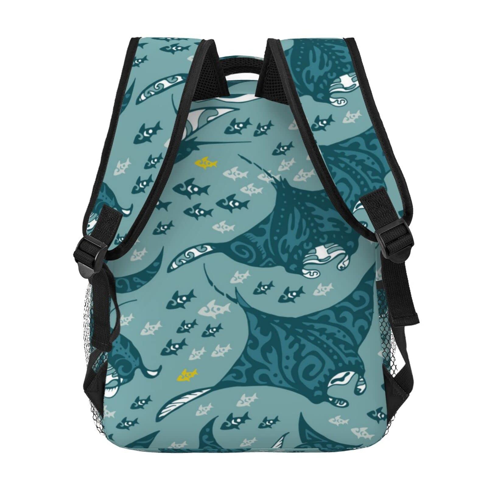 BAFAFA Manta Ray and Fish Printed Canvas Bag Laptop Backpack Travel Bag Casual Daypack Hiking Rucksack