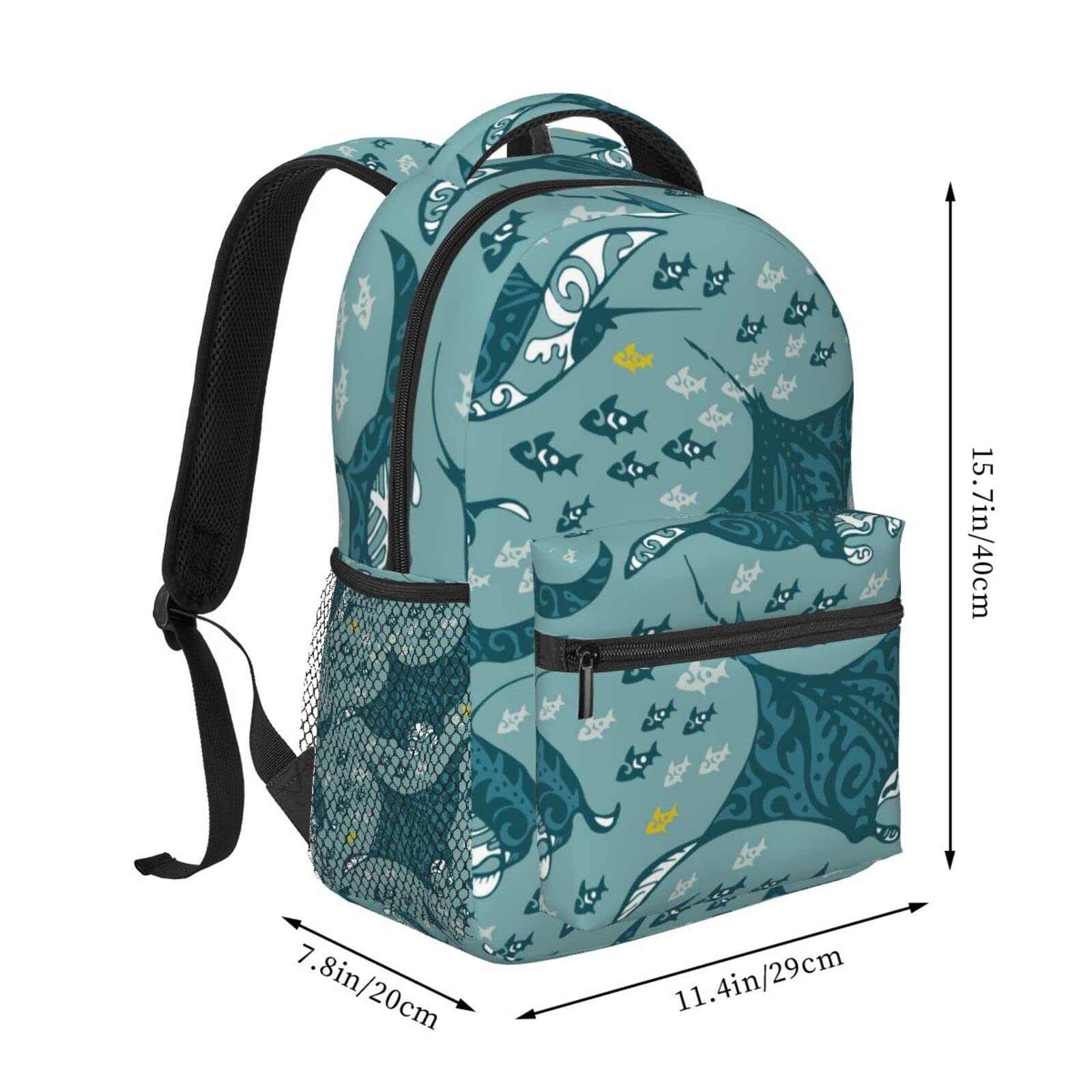 BAFAFA Manta Ray and Fish Printed Canvas Bag Laptop Backpack Travel Bag Casual Daypack Hiking Rucksack