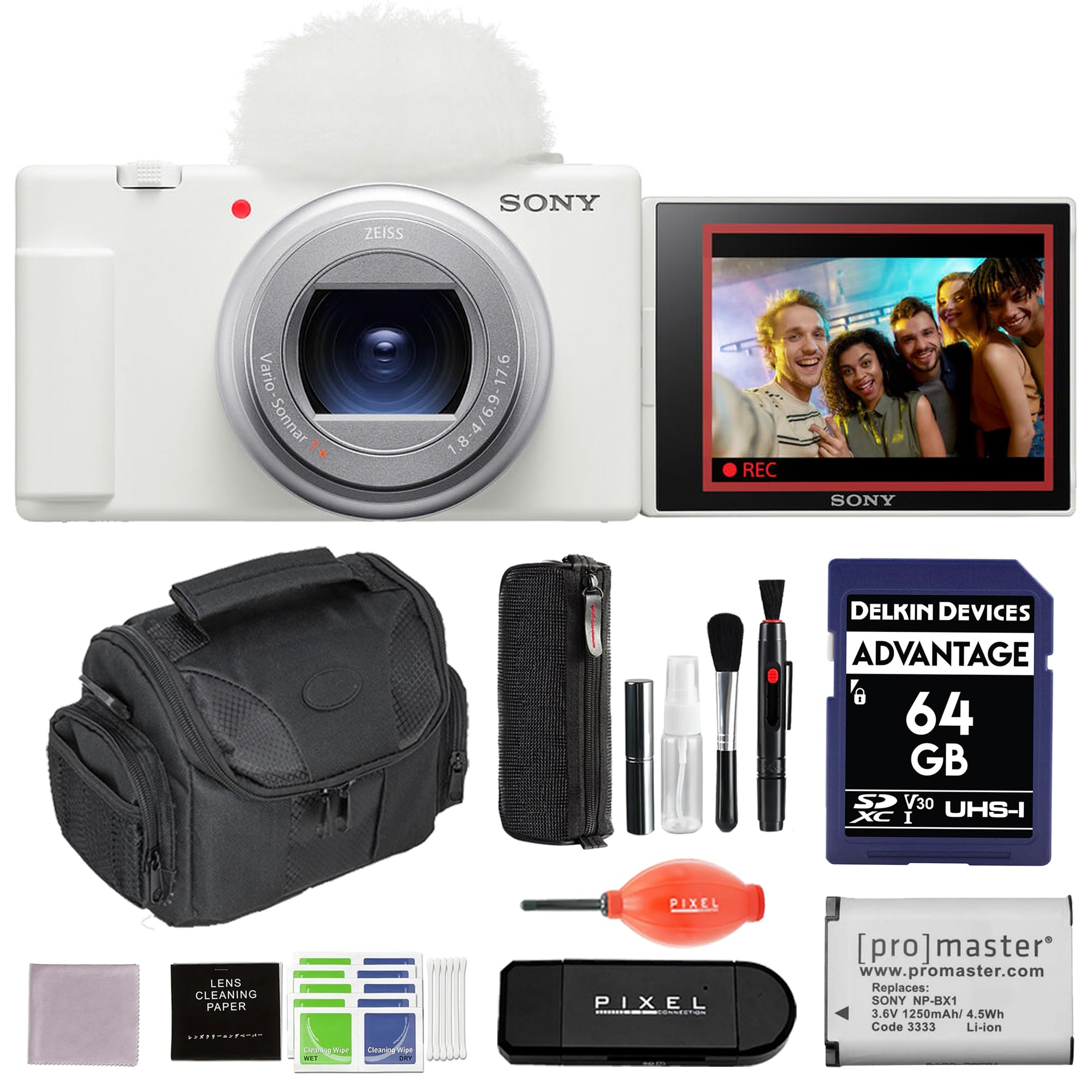 Sony ZV-1 II Digital Camera (White) Advanced Accessory Bundle with Battery, Gadget Bag, 64GB SD Card & More