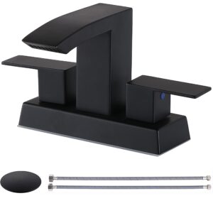 friho rectangular spout 4 inch two handle centerset matte black bathroom faucet,waterfall bathroom sink faucet lavatory rvs vanity faucets for sink 3 hole with water hoses and pop up drain