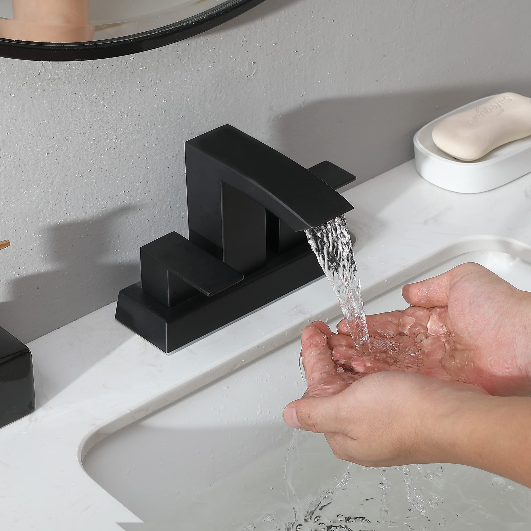 Friho Rectangular Spout 4 Inch Two Handle Centerset Matte Black Bathroom Faucet,Waterfall Bathroom Sink Faucet Lavatory RVs Vanity Faucets for Sink 3 Hole with Water Hoses and Pop up Drain