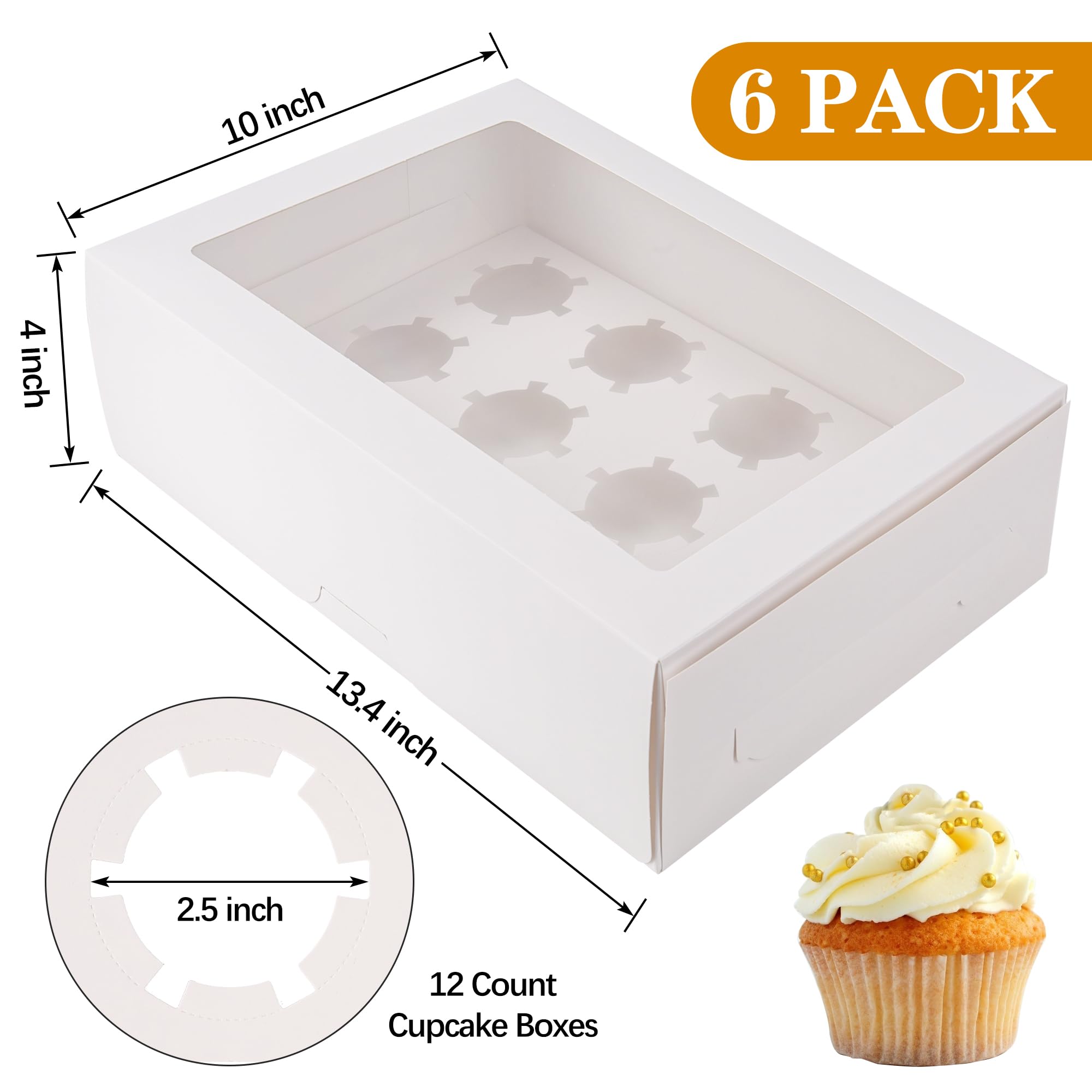 YunKo 6 Pack Dozen Cupcake Boxes White Cupcake Containers with Window Fit 12 Cupcakes or Muffins