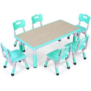 arlopu kids table and 6 chairs set, height adjustable graffiti table, preschool activity art craft table, for daycare classroom home boys and girls age 3-12 (light green)