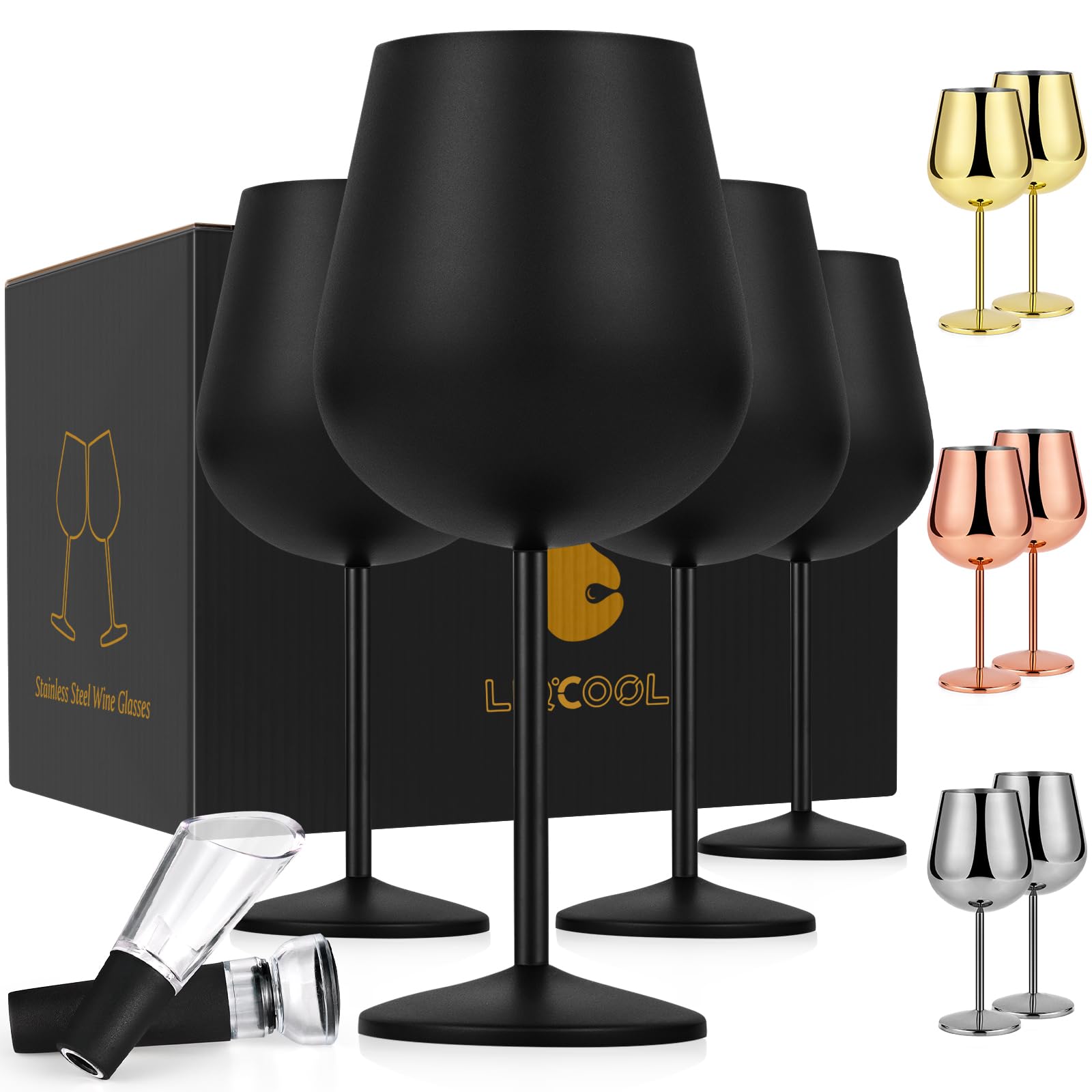 LiqCool Stainless Steel Wine Glass, Unbreakable Metal Wine Glasses Set of 4, Portable Stainless Wine Glasses for Valentines Day Party Outdoor Pool Christams, 21 Oz Large Wine Glass with Stem(Black)